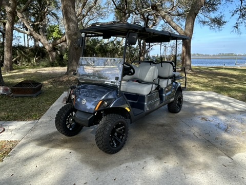 Six seater golf cart on marsh.